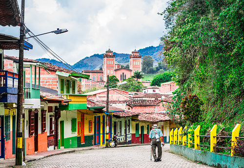 View on old man in the streets of colonial village in the center of Jerico, Colombia