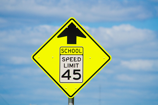 New flourescent yellow school sign, speed limit 45 mph.
