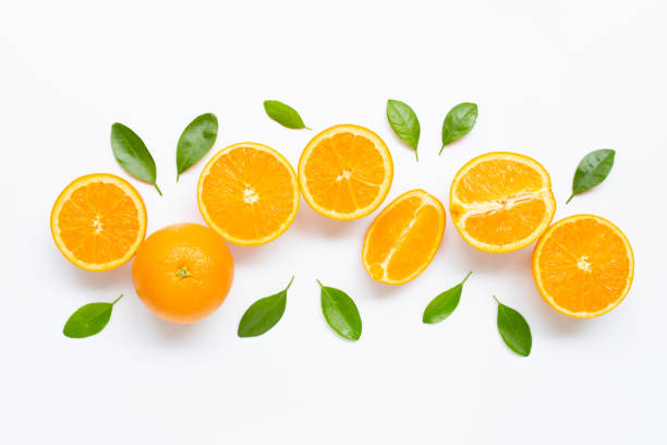 istock Fresh orange citrus fruit with leaves isolated on white background. 1177540741