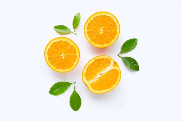 istock Fresh orange citrus fruit with leaves isolated on white background. 1177540817