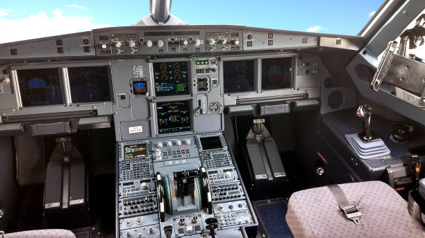 airplane empty cockpit with levers, buttons and screens - cockpit airplane autopilot dashboard imagens e fotografias de stock