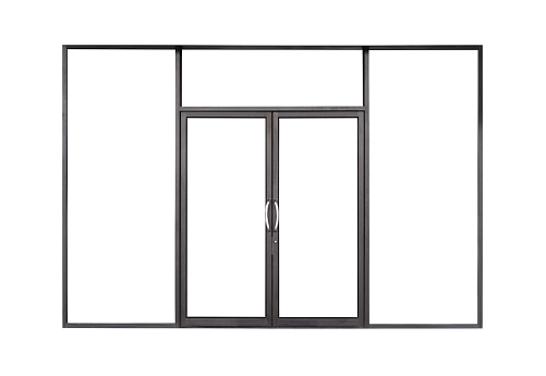 Real modern black store front double glass door window frame isolated on white background