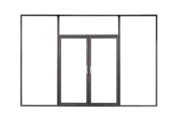 Real modern black store front double glass door window frame isolated on white background Real modern black store front double glass door window frame isolated on white background sliding door stock pictures, royalty-free photos & images