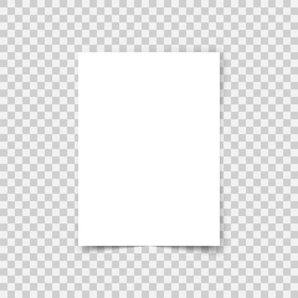 Vector A4 format paper with shadows on transparent Vector sheet paper A4 format with shadows. White realistic blank paper page. Mock up design leaflet or banner template on transparent background. report templates stock illustrations