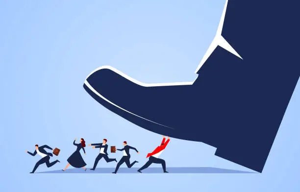 Vector illustration of Businessman in red suit fights huge feet to help his companion escape danger