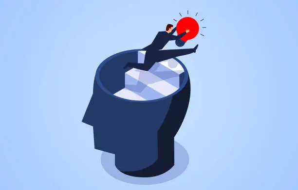 Vector illustration of Creativity, businessman flies out of the brain with a light bulb