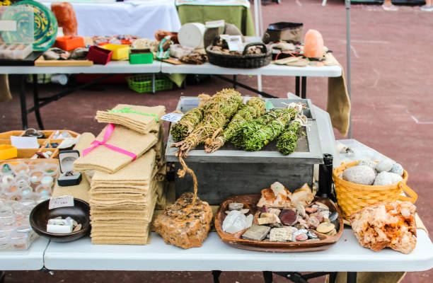 istock Crystals, herbs and gemstones on display 1177552372