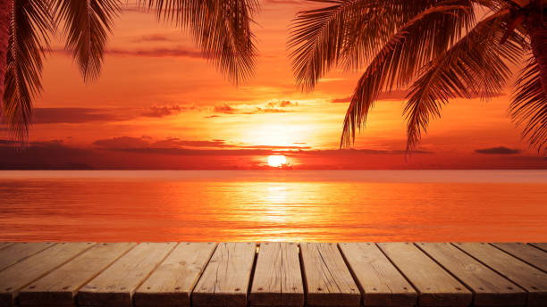 istock Empty wooden platform beside sea with beautiful sunset 1177553236