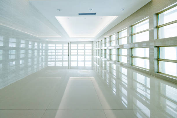 Empty lobby with glass window in hospital.