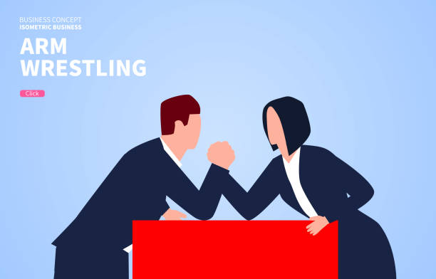 경쟁, 남자와 여자 렌치 손목 게임 - conflict competition arm wrestling business stock illustrations