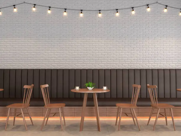 Photo of Loft style coffee shop with empty white brick walls 3d render