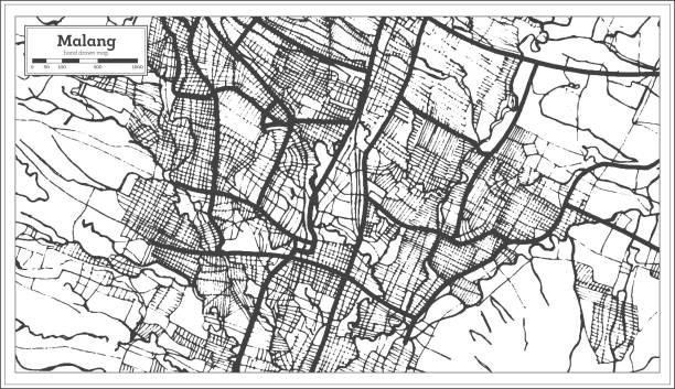 malang indonezja miasto mapa w kolorze czarnym i białym. mapa konspektu. - malang stock illustrations
