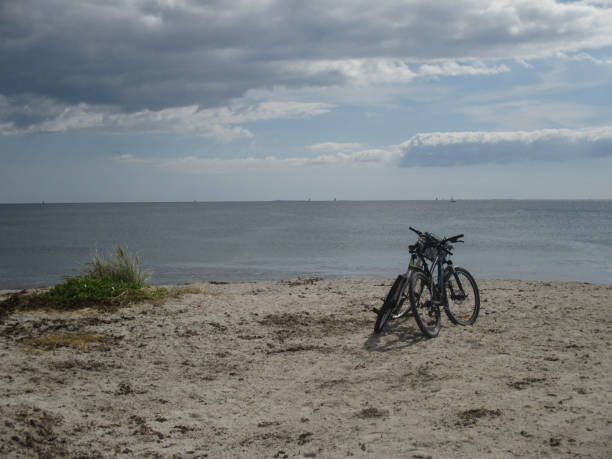 istock Two bikes resting on the beach  Horizon over the water 1177575950