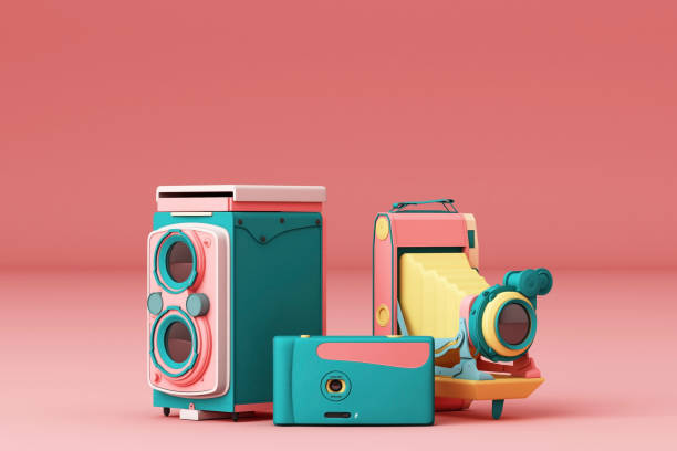 istock Colorful vintage camera on a pink background.-3d render. 1177577228