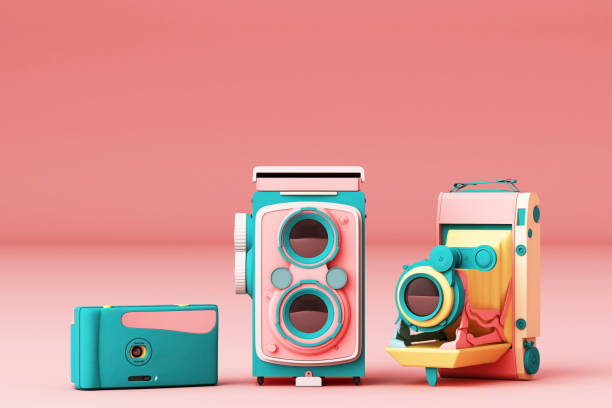 istock Colorful vintage camera on a pink background.-3d render. 1177577229