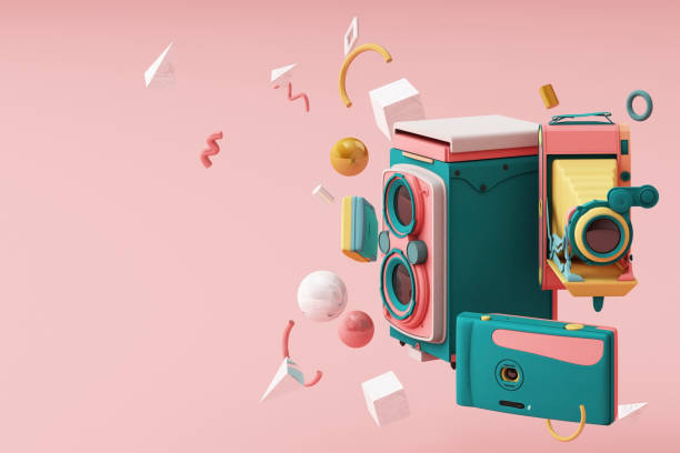 istock Colorful vintage camera surrounding by memphis pattern on a pink background.-3d render. 1177577254