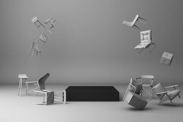 istock A lot of chairs on a grey background with product stand. -3d render 1177577801