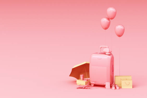 istock Suitcase with traveler accessories on pink background. travel concept. 3d rendering 1177577933