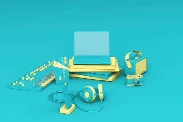 istock Laptop surrounding by colorful gadgets on green background. 3d rendering 1177578024
