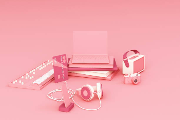istock Laptop surrounding by colorful gadgets on pink background. 3d rendering 1177578026
