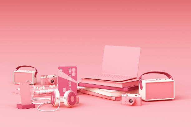 istock Laptop surrounding by colorful gadgets on pink background. 3d rendering 1177578031