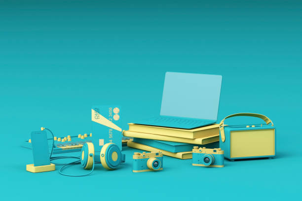 Laptop surrounding by colorful gadgets on green background. 3d rendering
