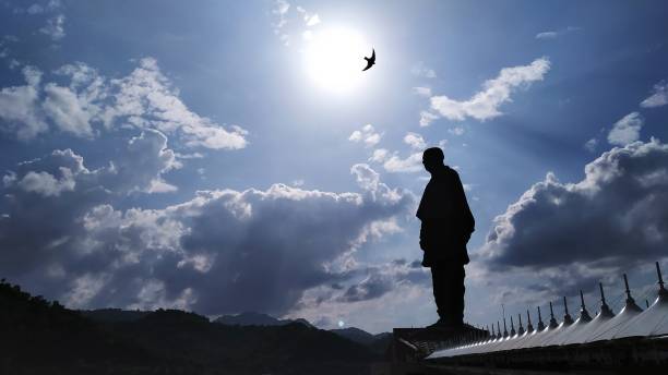 die statue der einheit - höchste statue in der welt der sardar vallabhbhai patel mit silhouette vögel, statue und monsunwolken in der nähe der sardar sarovar damm auf narmada fluss. - sculpture art abstract white stock-fotos und bilder