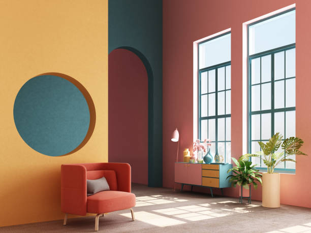 interior concept of memphis design colorful, armchair with console and prop. 3d render - decor imagens e fotografias de stock