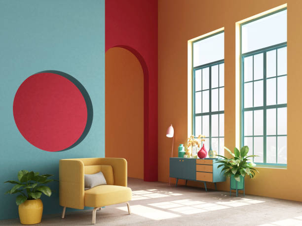 istock Interior concept of memphis design colorful, Armchair with console and prop. 3d render 1177580264