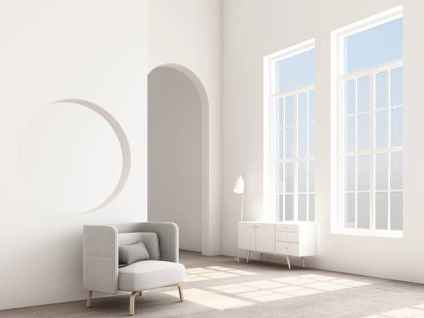 istock Interior concept of memphis design, Armchair with console and prop. 3d render 1177580277