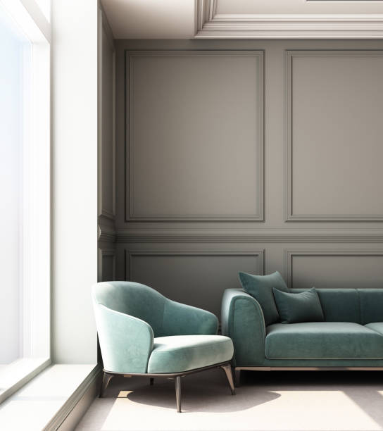 istock 3d rendering illustration of living room with luxury classic wall panel and sofa. 1177580503