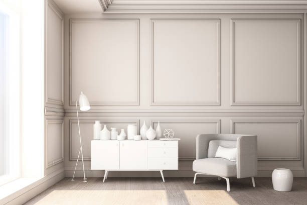 istock 3d rendering illustration of living room with luxury white classic wall panel and white furniture. 1177581059