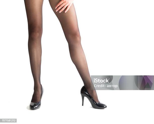 Beautiful Female Legs in Classic Black Shoes and Skin Color Tights,  Isolated on White, Side View Stock Photo - Image of slim, female: 124993138
