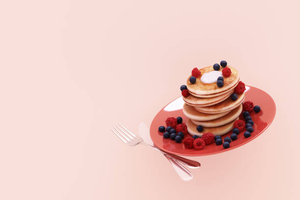 istock Pancake with blueberry and strawberry in the plate on pink pastel background. 3d render 1177581334