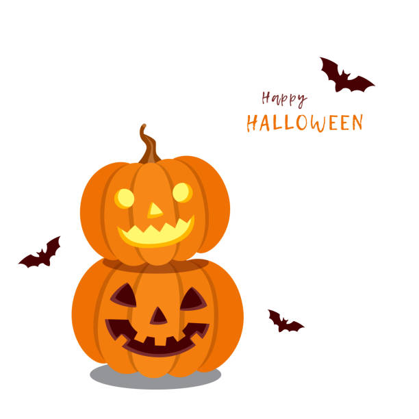Halloween pumpkins with bats.Happy Halloween greeting card. Halloween,holiday,face,bat,decoration,autumn,pumpkin,vegetable,season,design,element,background halloween lantern stock illustrations
