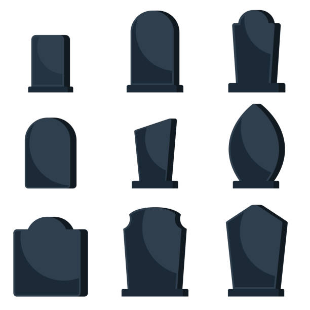 Set of black gravestones on graves for a cemetery. Set of black gravestones on graves for a cemetery. Flat vector cartoon icons on white background. tombstone stock illustrations