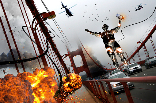 Giant man is attacking civilians on the Golden Gate bridge. A science fiction movie scene design.

I took this photo on a trip to San Francisco, USA in June 2010. Scene from SF Downtown to Sausalito. 

My other (istock) trip photos from San Fransisco, for example: 959723408 and 850199528

My similar concepts:
1135183292 and 1171790951