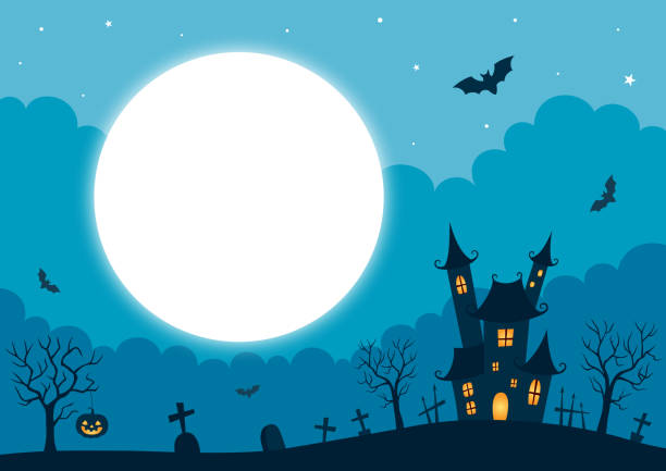 хэллоуин фон с замком и полнолуние - haunted house stock illustrations