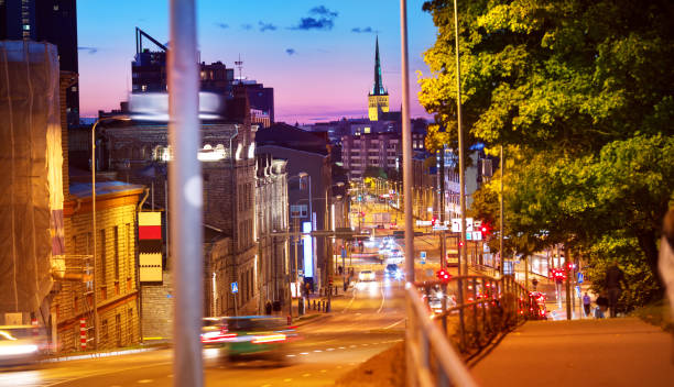 View to Night Tallinn in late evening in summer. Tartu mnt in estonian capital