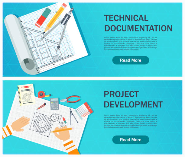 기술 문서 개발. 디자이너의 직장. - drawing compass machine part engineering plan stock illustrations