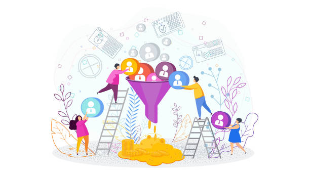 ilustrações de stock, clip art, desenhos animados e ícones de sales funnel concept. tiny people work on customer acquisition - customer target people market