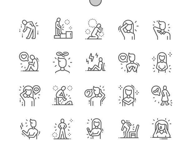 orang-orang kesakitan pixel perfect vector thin line icons 30 2x grid untuk grafik web dan aplikasi. sederhana minimal pictogram - sakit punggung kondisi medis ilustrasi stok