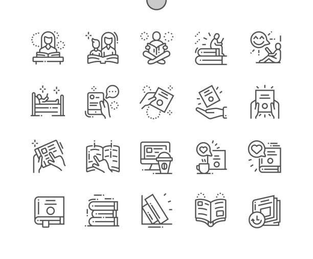 Book and Reading Well-crafted Pixel Perfect Vector Thin Line Icons 30 2x Grid for Web Graphics and Apps. Simple Minimal Pictogram Book and Reading Well-crafted Pixel Perfect Vector Thin Line Icons 30 2x Grid for Web Graphics and Apps. Simple Minimal Pictogram newspaper pile stock illustrations