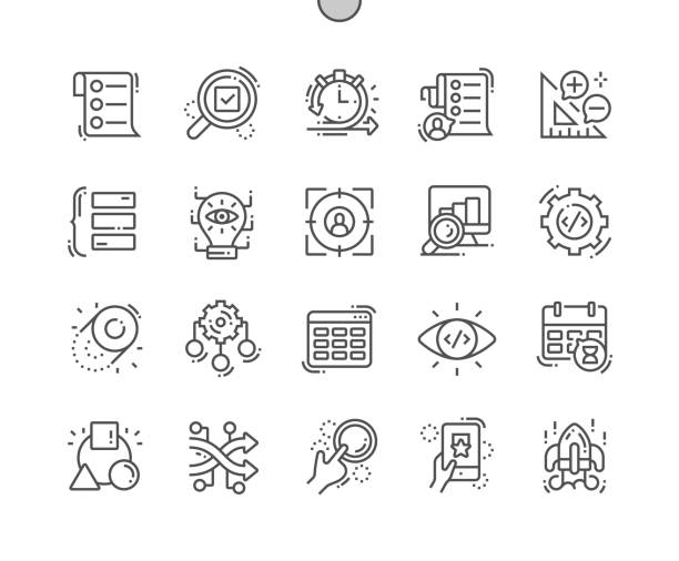 ilustraciones, imágenes clip art, dibujos animados e iconos de stock de desarrollo ágil conocido pixel perfect vector thin line icons 30 2x cuadrícula para gráficos web y aplicaciones. pictograma mínimo simple - juicio