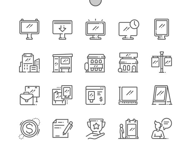 Outdoor advertising Well-crafted Pixel Perfect Vector Thin Line Icons 30 2x Grid for Web Graphics and Apps. Simple Minimal Pictogram Outdoor advertising Well-crafted Pixel Perfect Vector Thin Line Icons 30 2x Grid for Web Graphics and Apps. Simple Minimal Pictogram bus borders stock illustrations