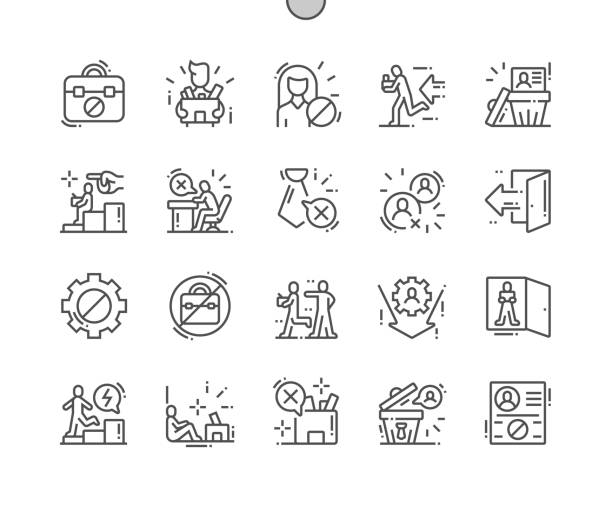 Dismssal Well-crafted Pixel Perfect Vector Thin Line Icons 30 2x Grid for Web Graphics and Apps. Simple Minimal Pictogram Dismssal Well-crafted Pixel Perfect Vector Thin Line Icons 30 2x Grid for Web Graphics and Apps. Simple Minimal Pictogram rejection icon stock illustrations