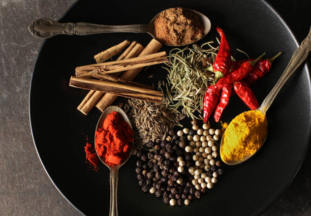 istock Spices placed on a plate with a black background, placed on a spoon, or left as is 1177597311