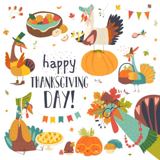 lustige truthähne mit thanksgiving-thema auf weißem hintergrund - thanksgiving symbol turkey apple stock-grafiken, -clipart, -cartoons und -symbole