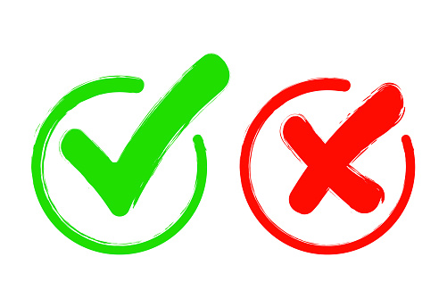 Check mark icon set. Gree tick and red cross flat simbol. Check ok, YES or no, X marks for vote, decision, web.Correct and incorrect sign. Right, wrong icons.vector eps10
