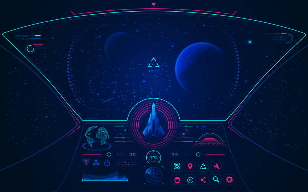 ilustraciones, imágenes clip art, dibujos animados e iconos de stock de modo nave espacial - cabina de mando